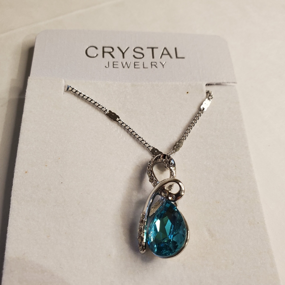 White Gold tone necklace light blue crystal  Cry2